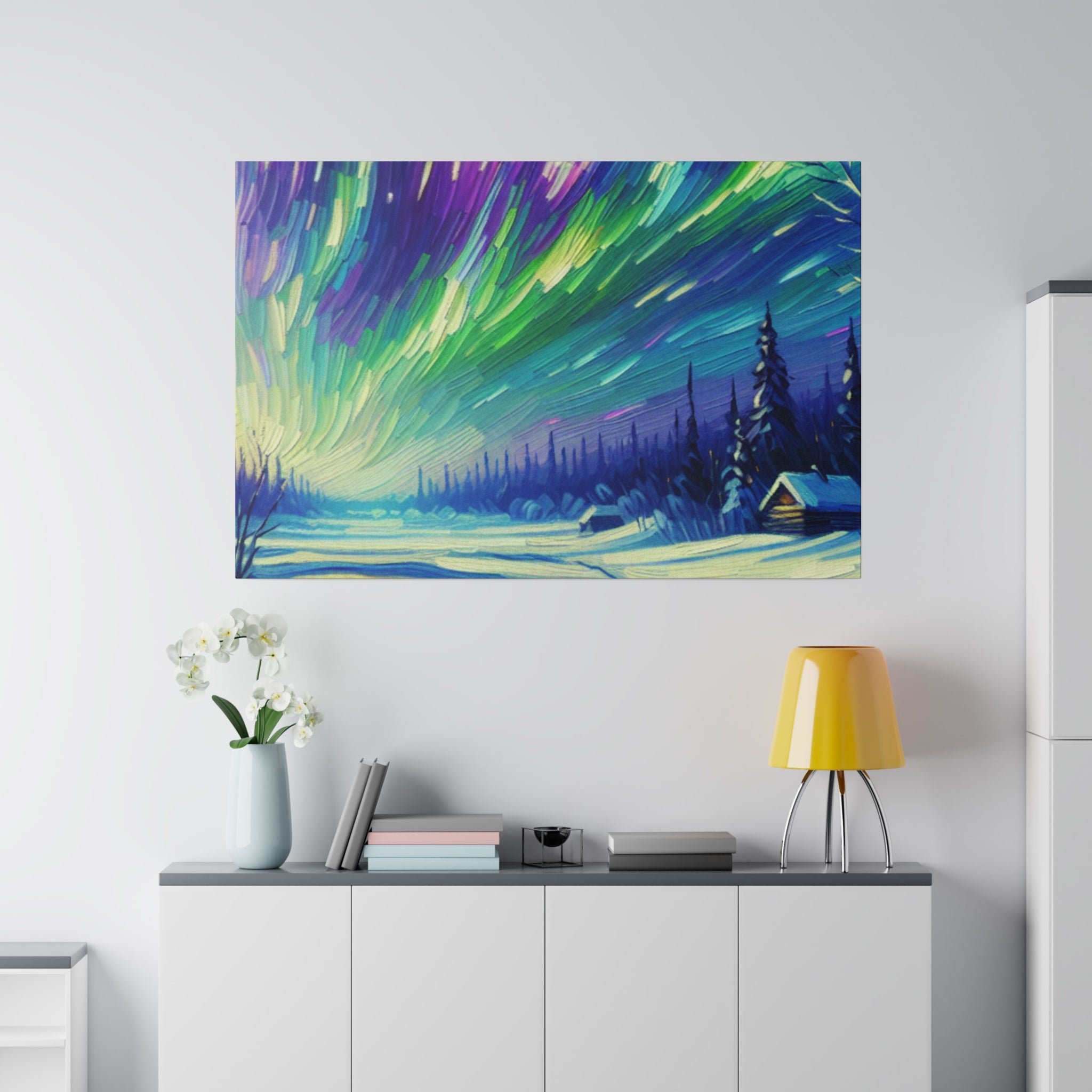 Nocturnal Hues Northern Lights Skycape Painting Canvas