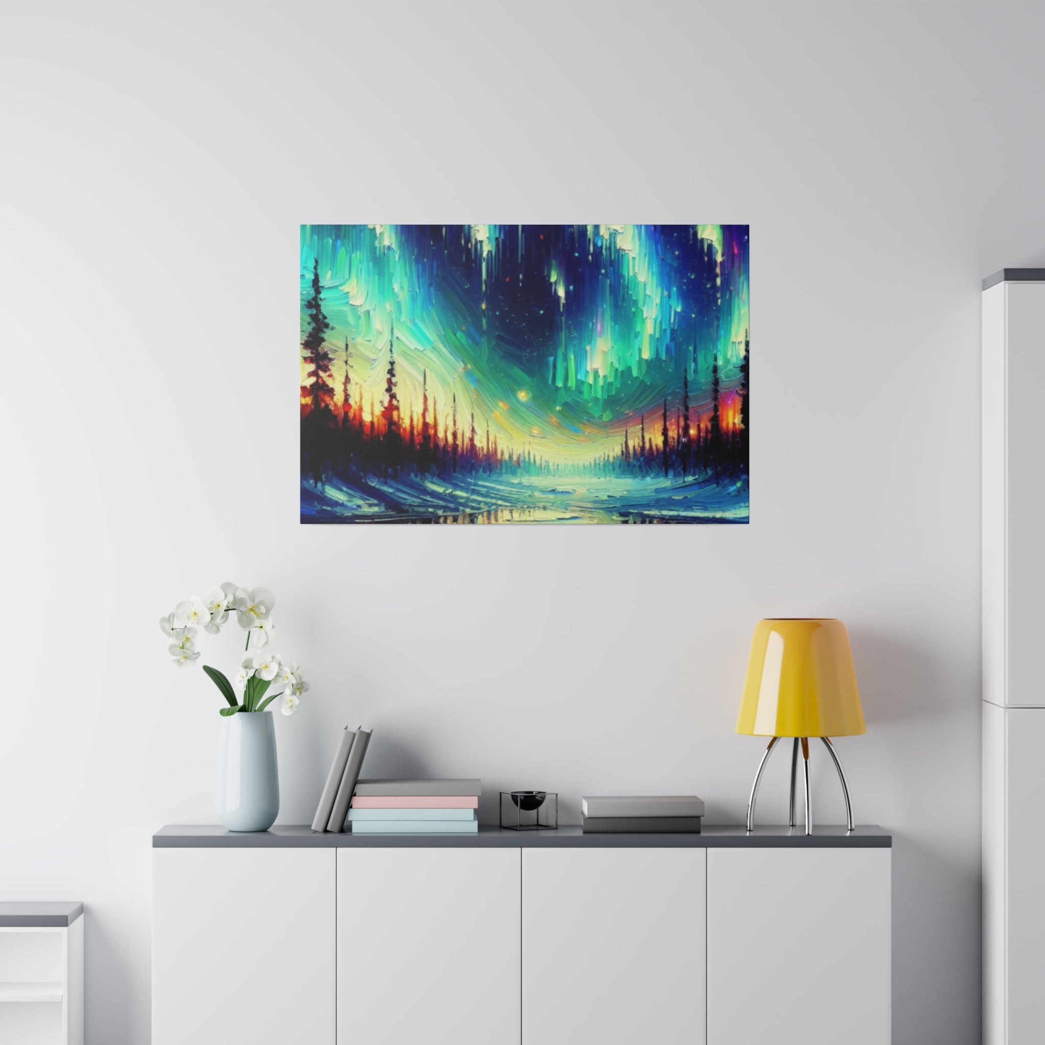 Northern Lights Painting | Northern Forest Sky Scene | Winter Artwork Canvas