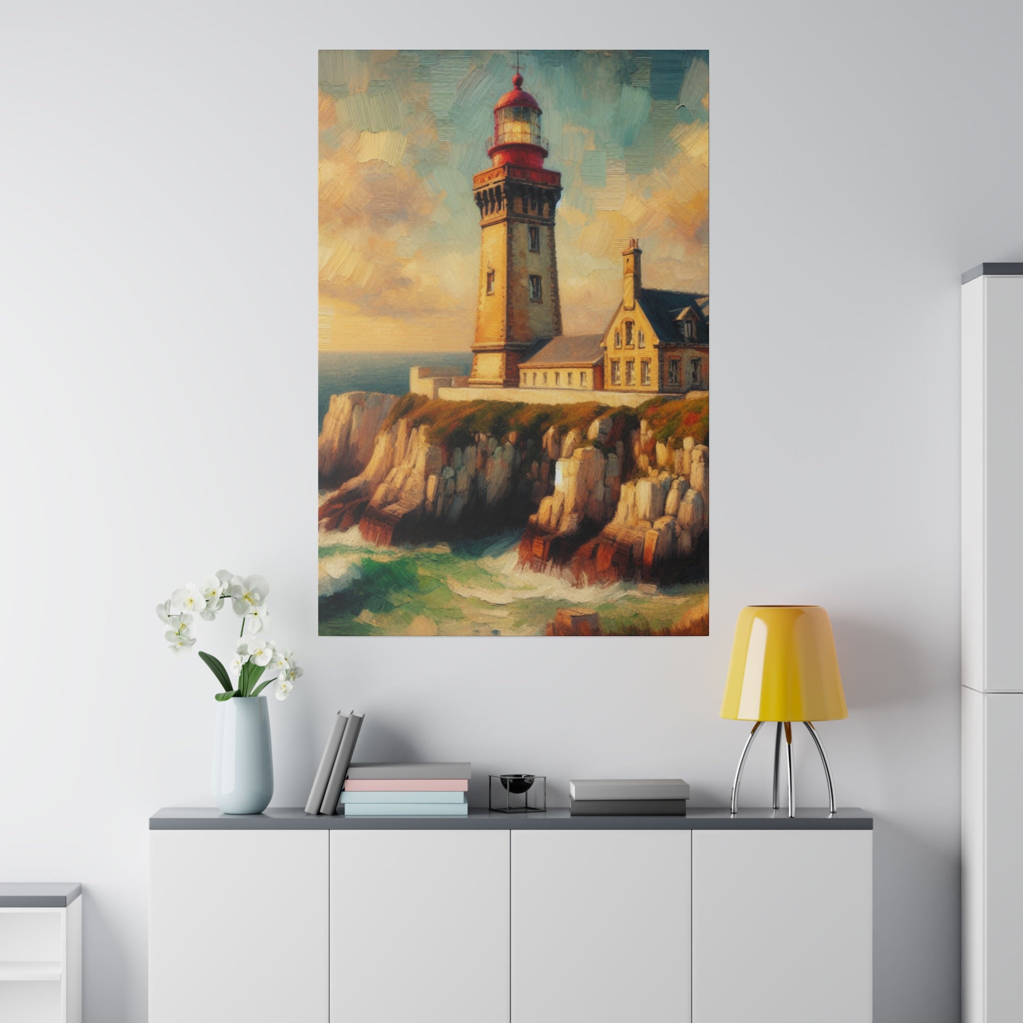 Harbor Illumination Rustic Coastal Wall Art Lighthouse Painting Canvas