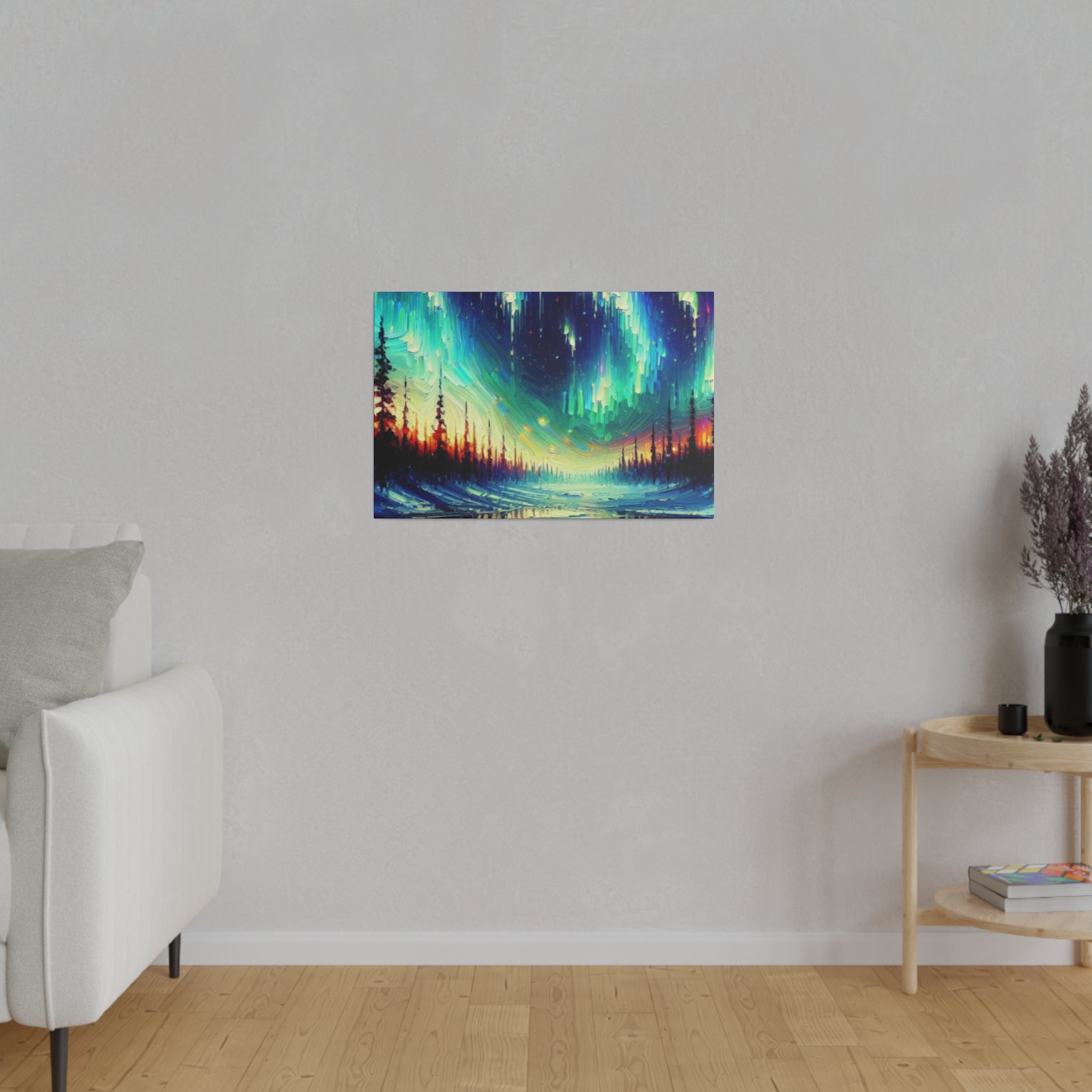 Northern Lights Painting | Northern Forest Sky Scene | Winter Artwork Canvas