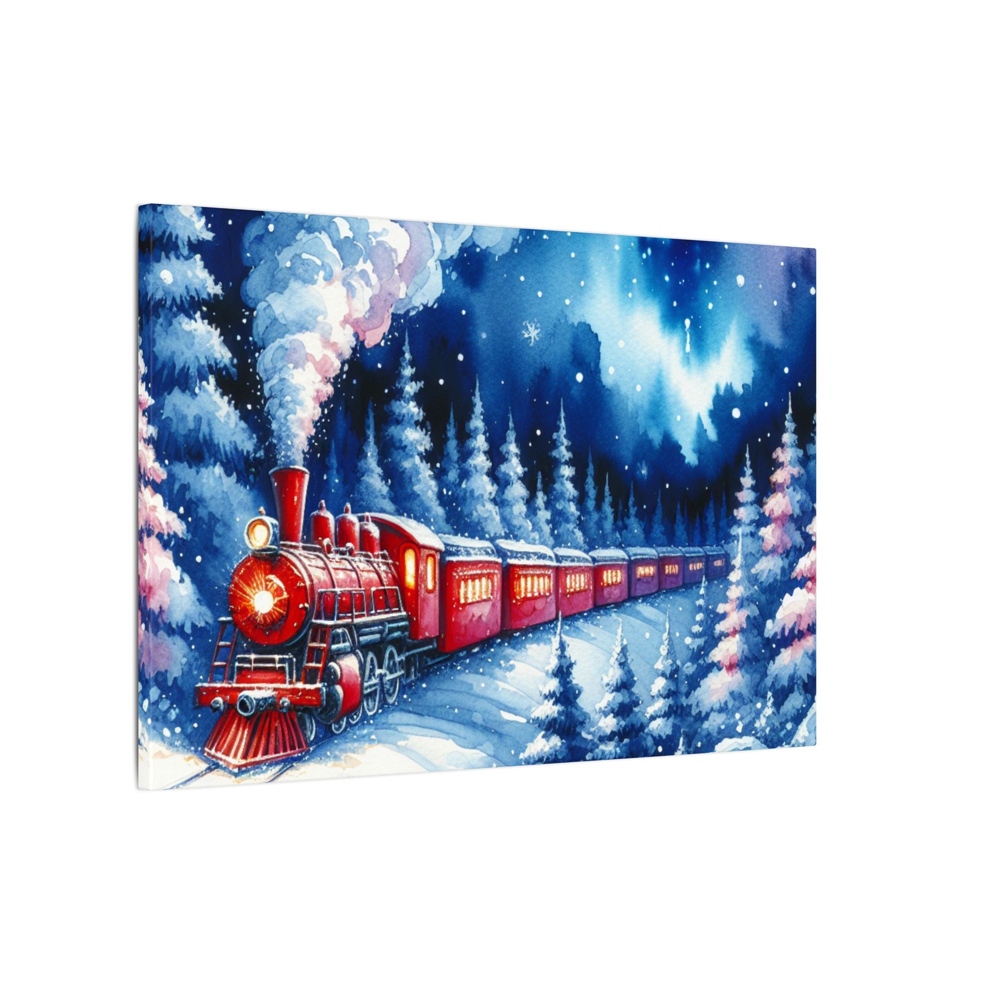Red Train in Winter Night Forest Canvas