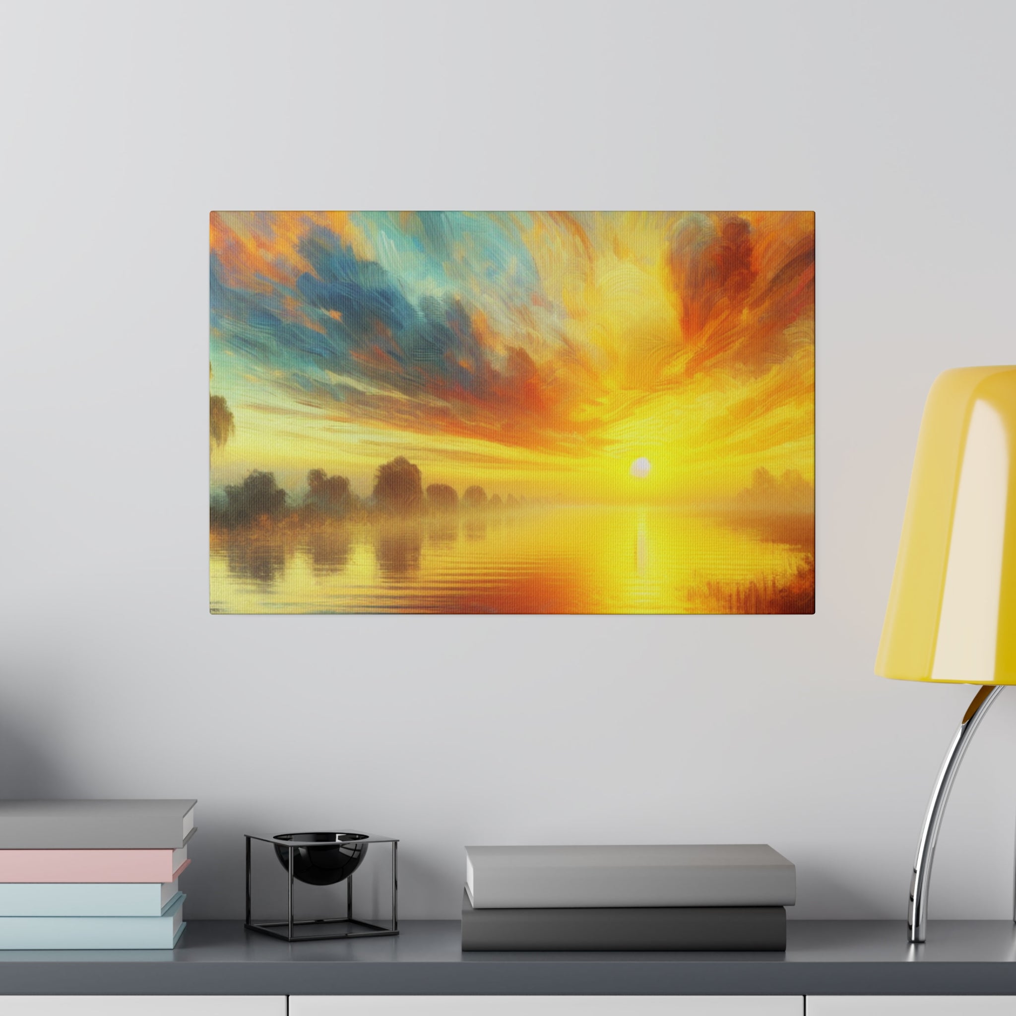 Tranquil Water Nature Sunrise Painting Canvas