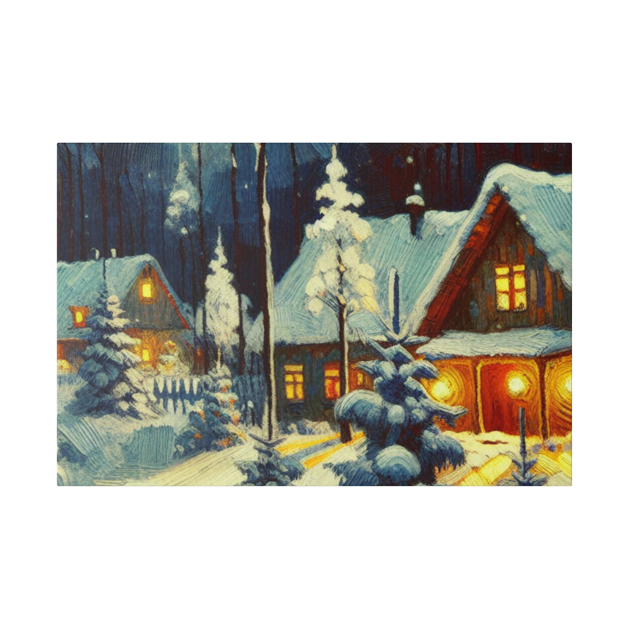 Warm Cabin Village Snowscape Winter Painting Canvas