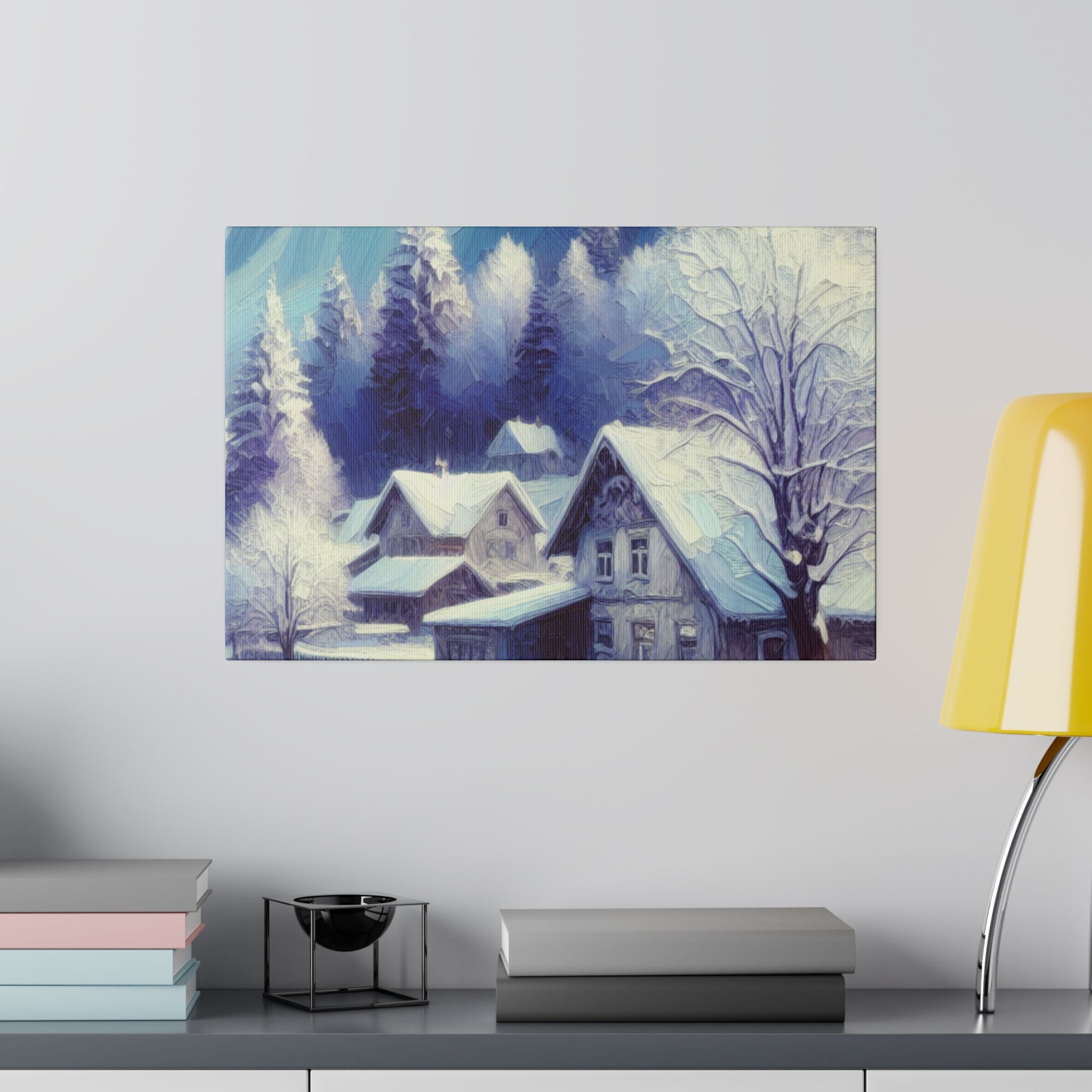 Winter Cabin Purple Blue Expressionist Winter Painting Canvas