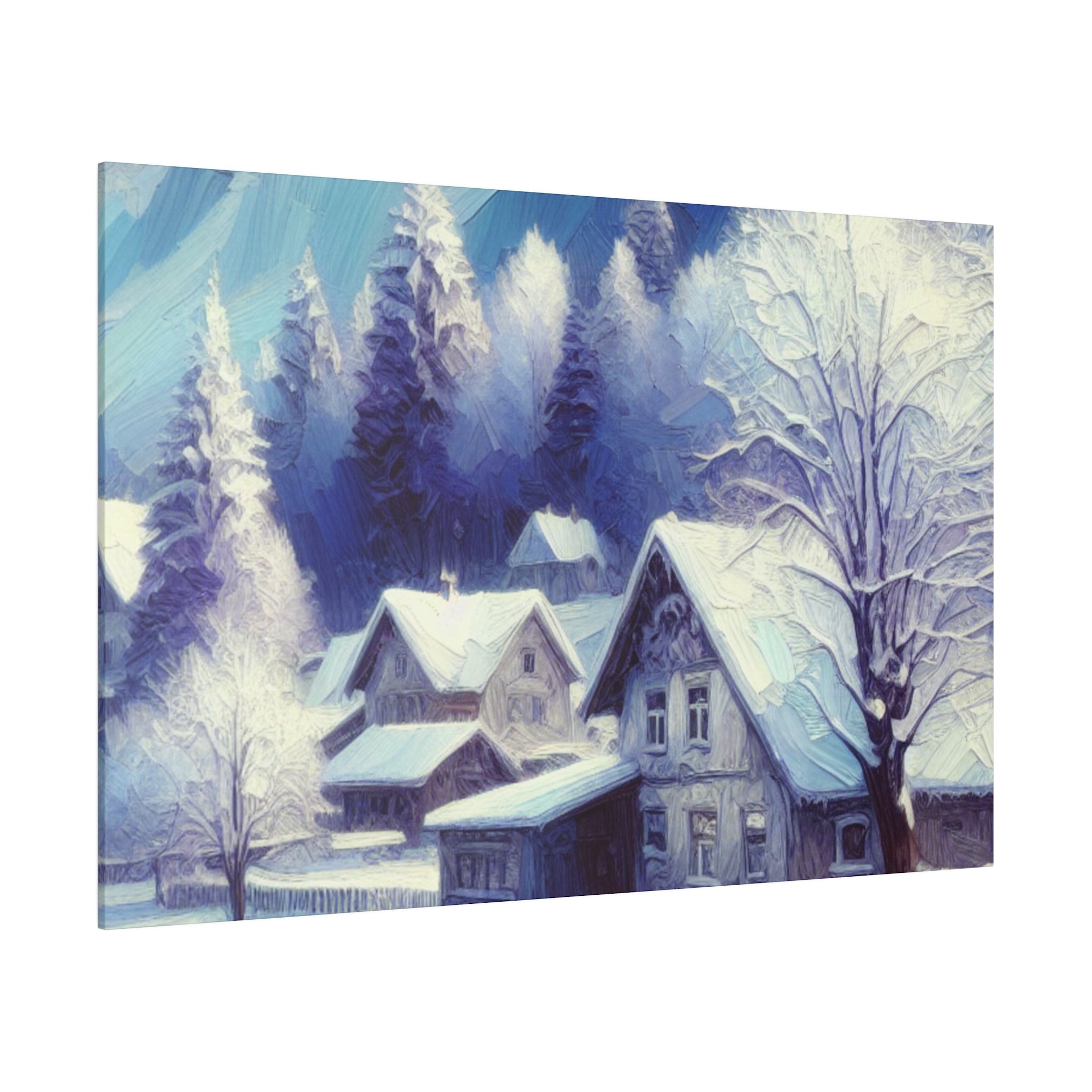 Winter Cabin Purple Blue Expressionist Winter Painting Canvas