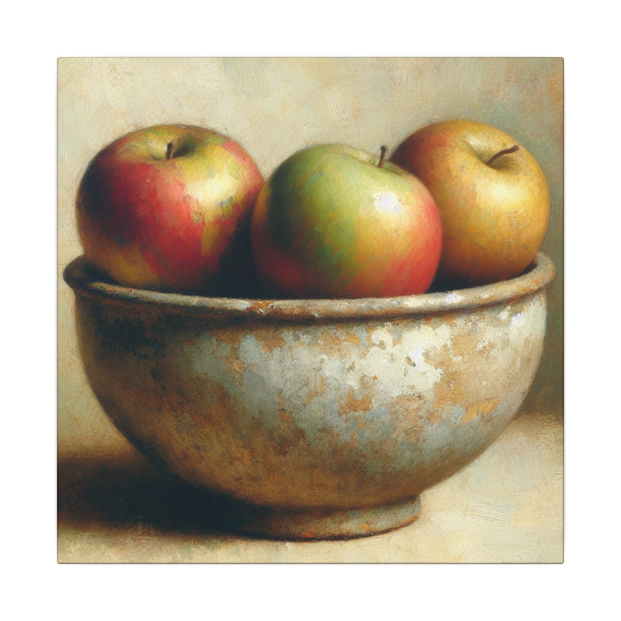 Three Apples in Rustic Bowl Canvas