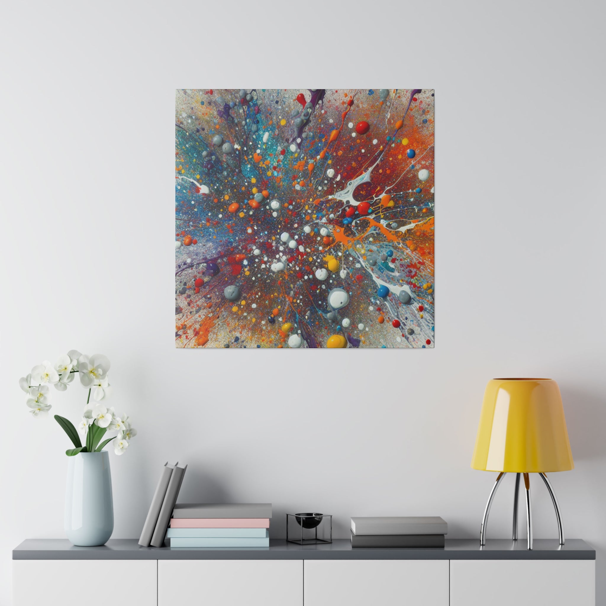 Vibrant Abstract Splatter Blue Red Yellow Black Hues Abstract Painting Canvas