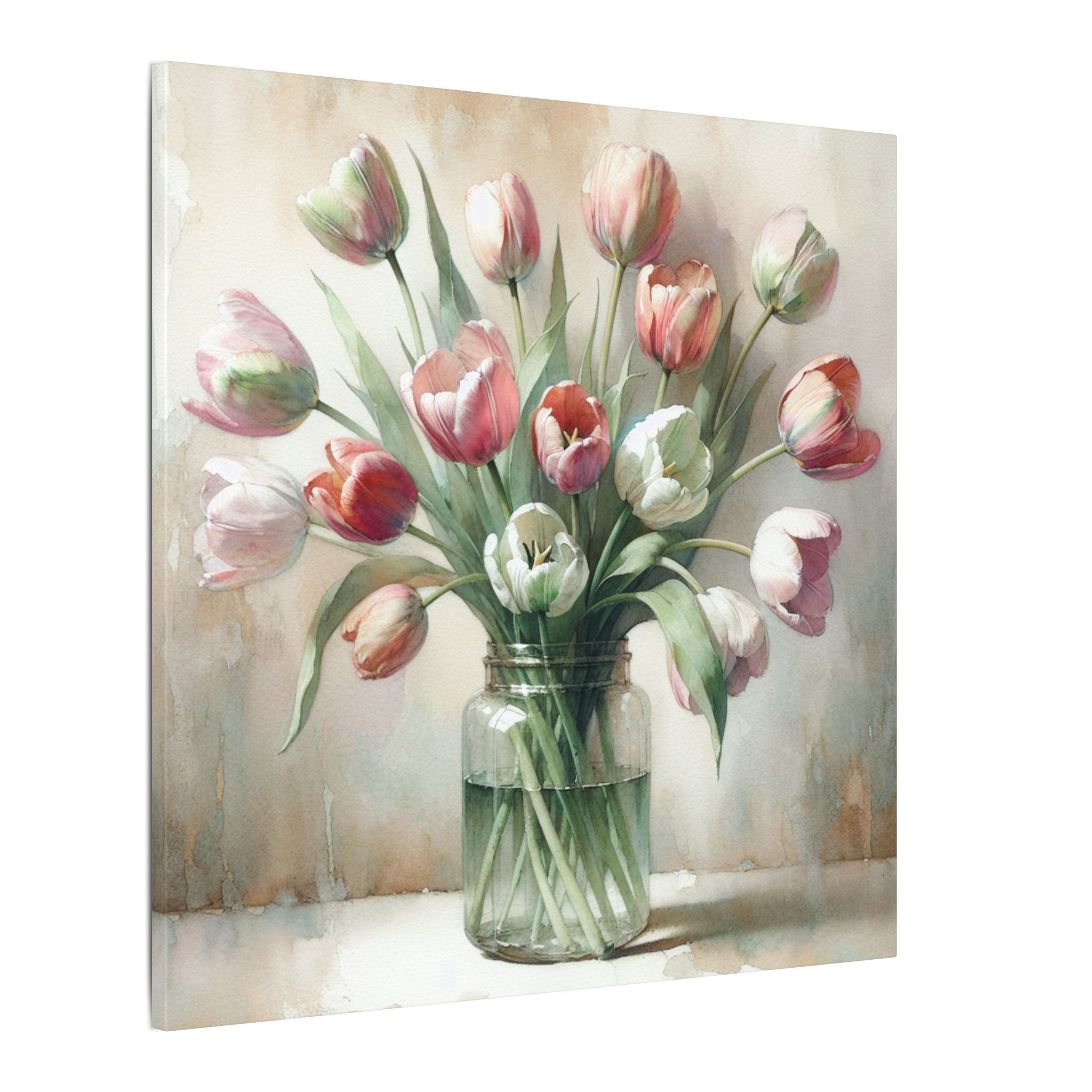 Tulips in Glass Jar Watercolor Canvas