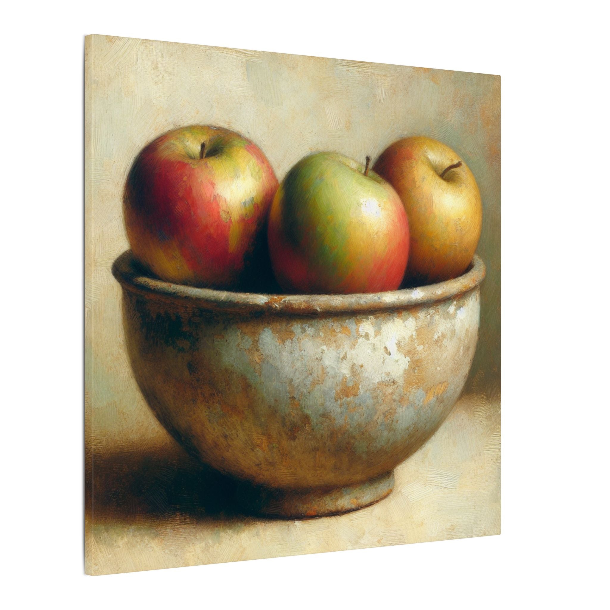 Three Apples in Rustic Bowl Canvas