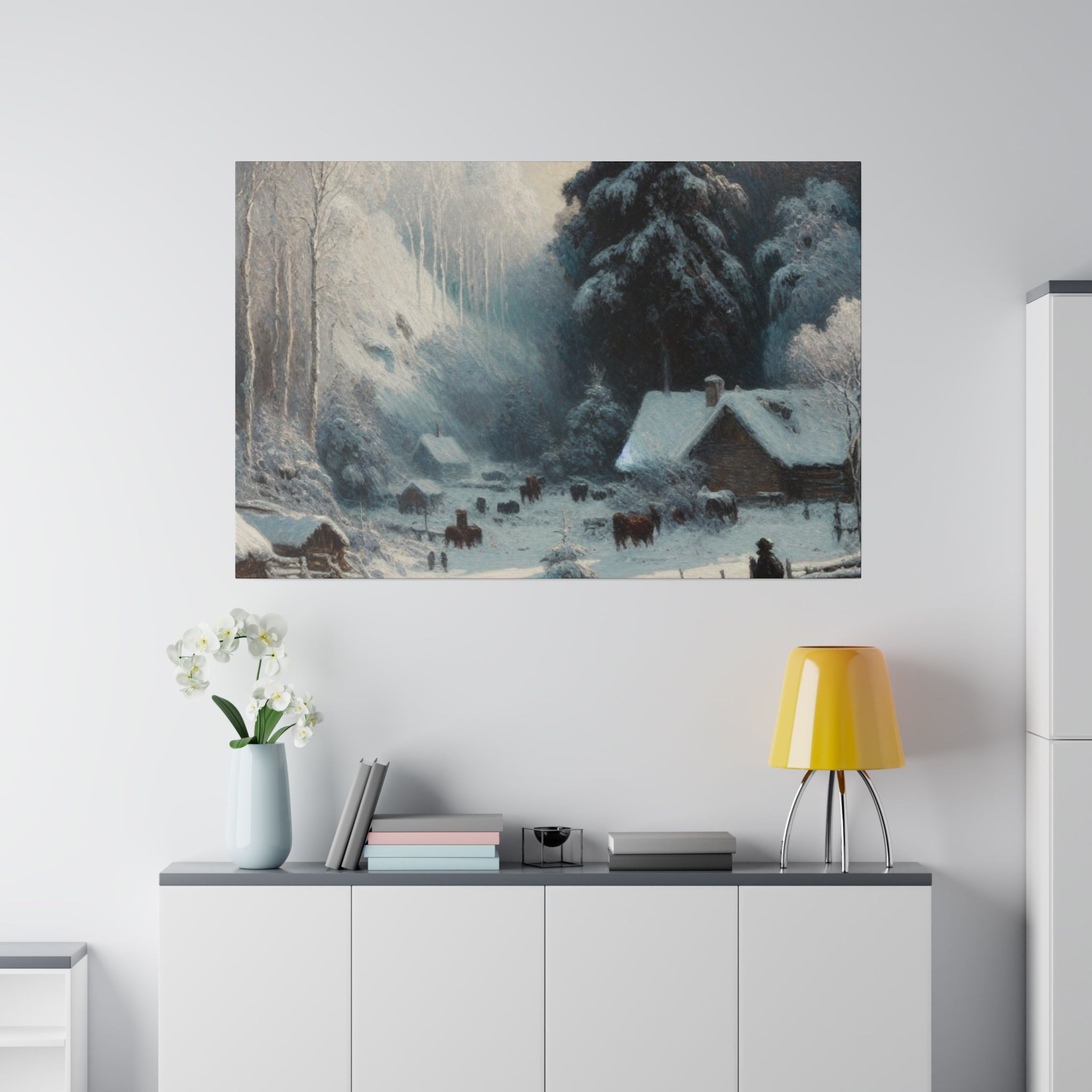 Remote Farm Village Snowscape Winter Painting Canvas