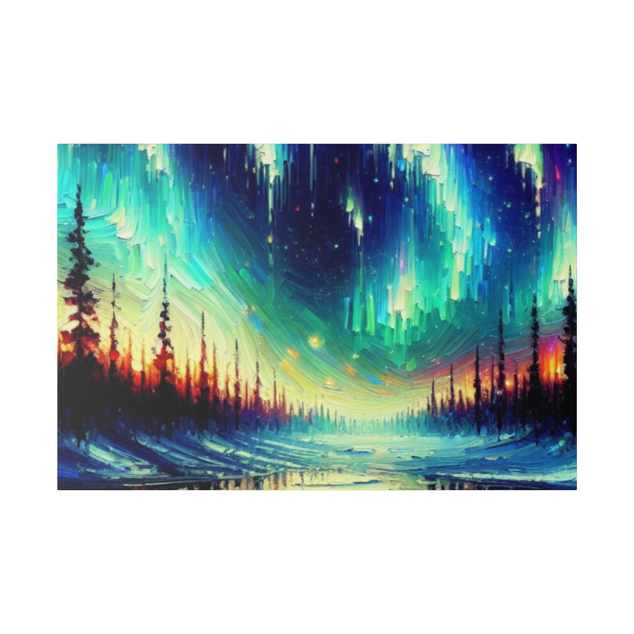 Northern Lights Painting | Northern Forest Sky Scene | Winter Artwork Canvas