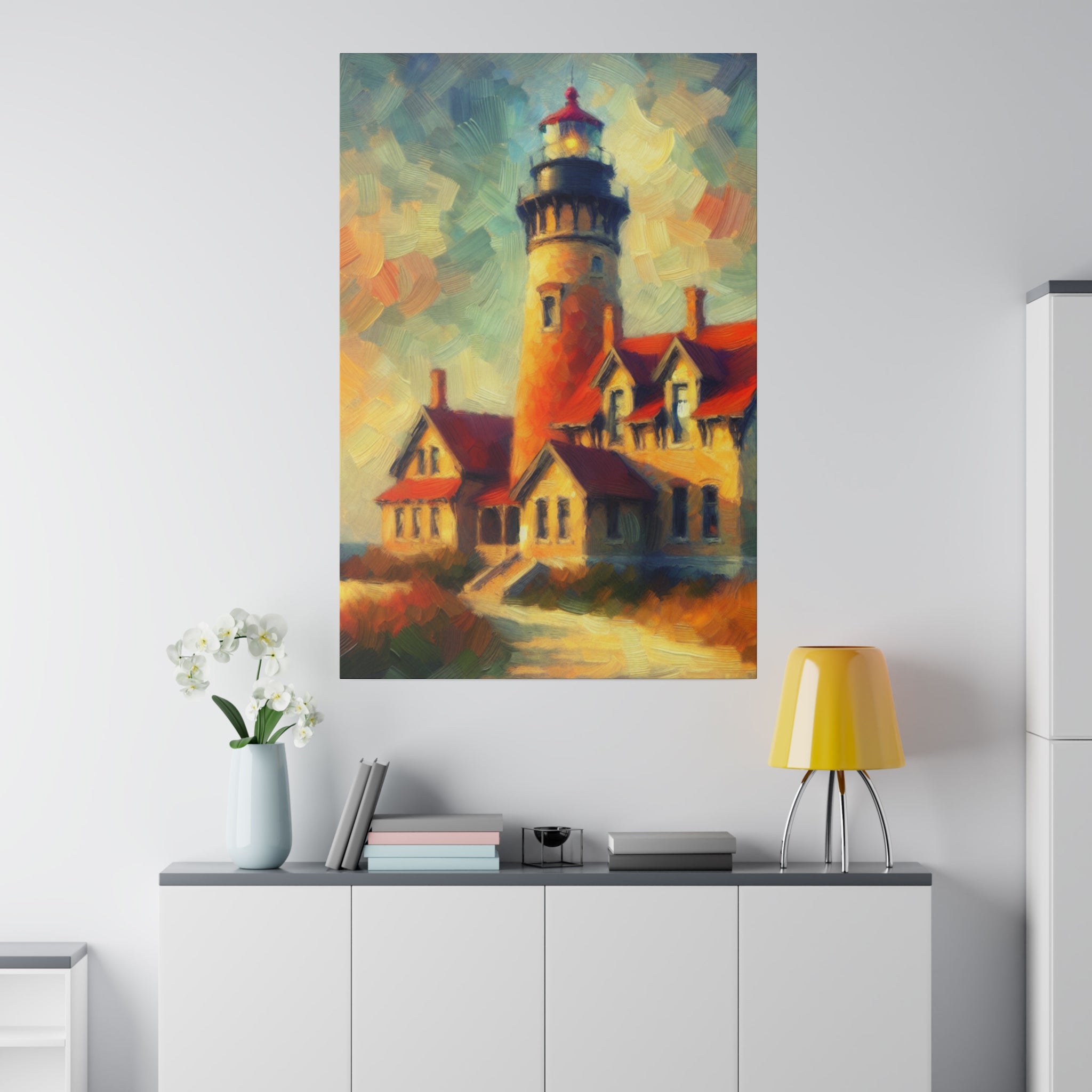 Luminous Beacon Of Light Coastal Wall Art Lighthouse Painting Canvas