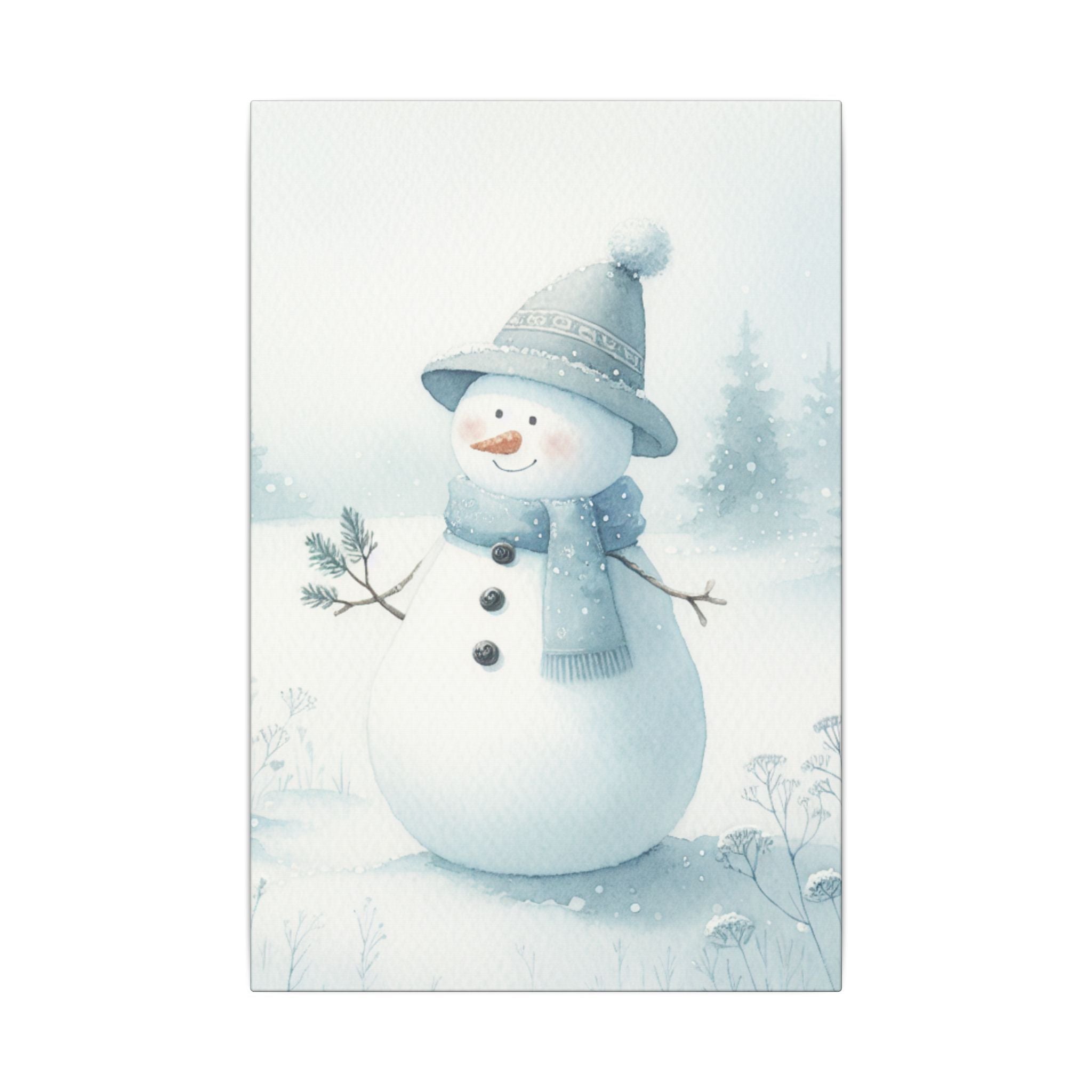 Snowman in a Winter Field Watercolor Canvas