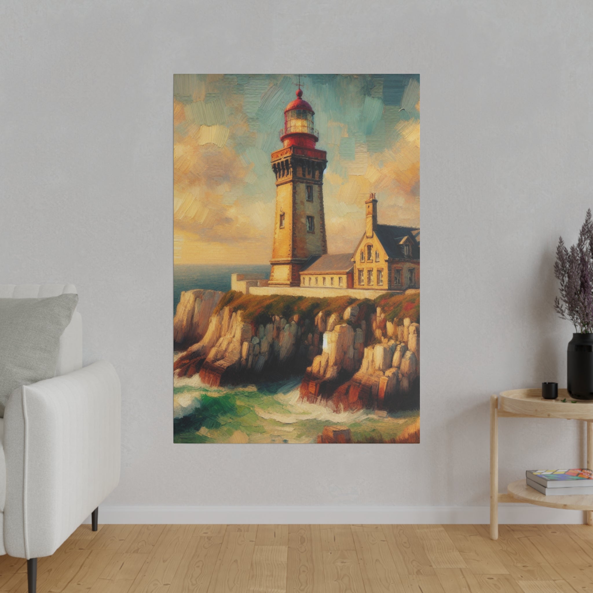 Harbor Illumination Rustic Coastal Wall Art Lighthouse Painting Canvas