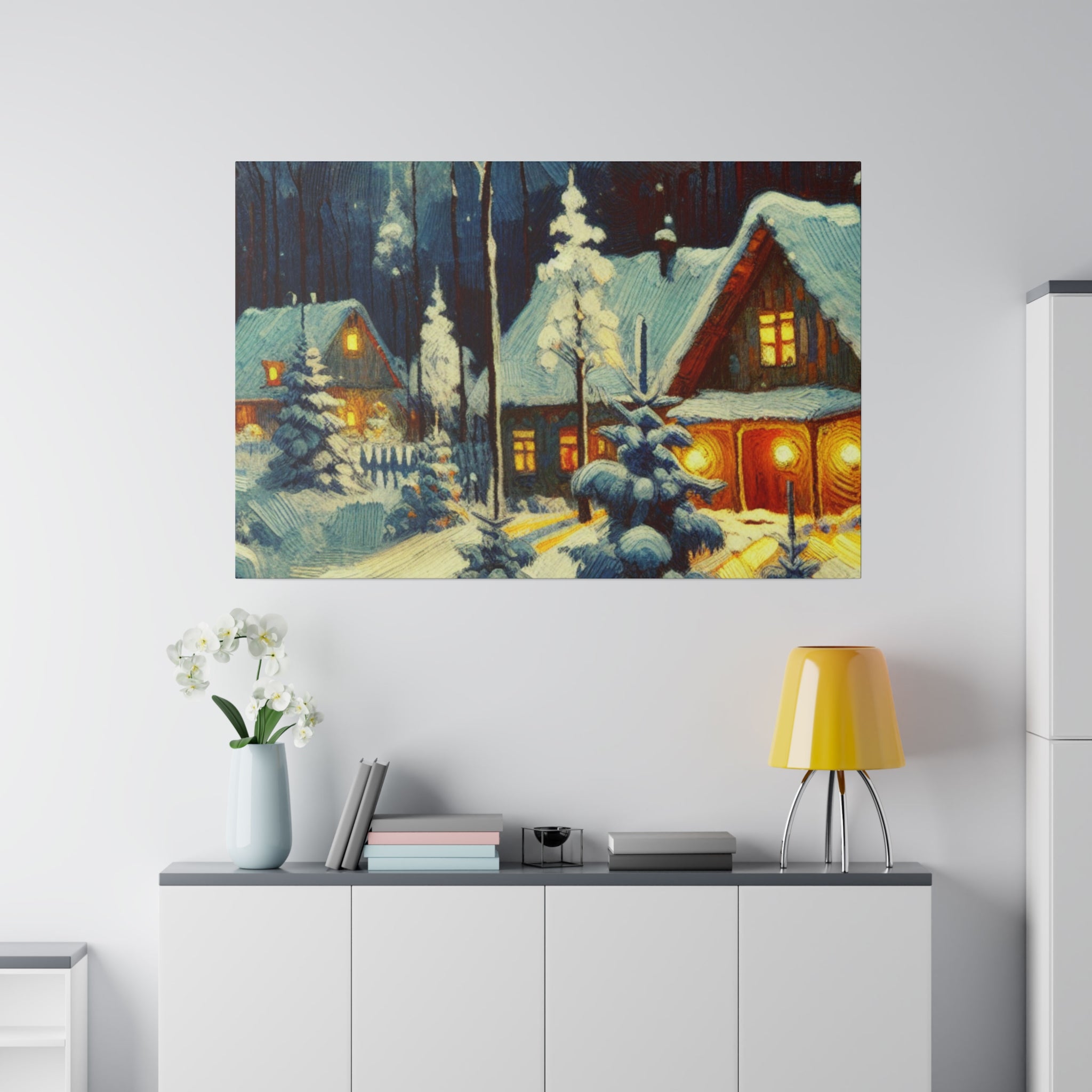 Warm Cabin Village Snowscape Winter Painting Canvas