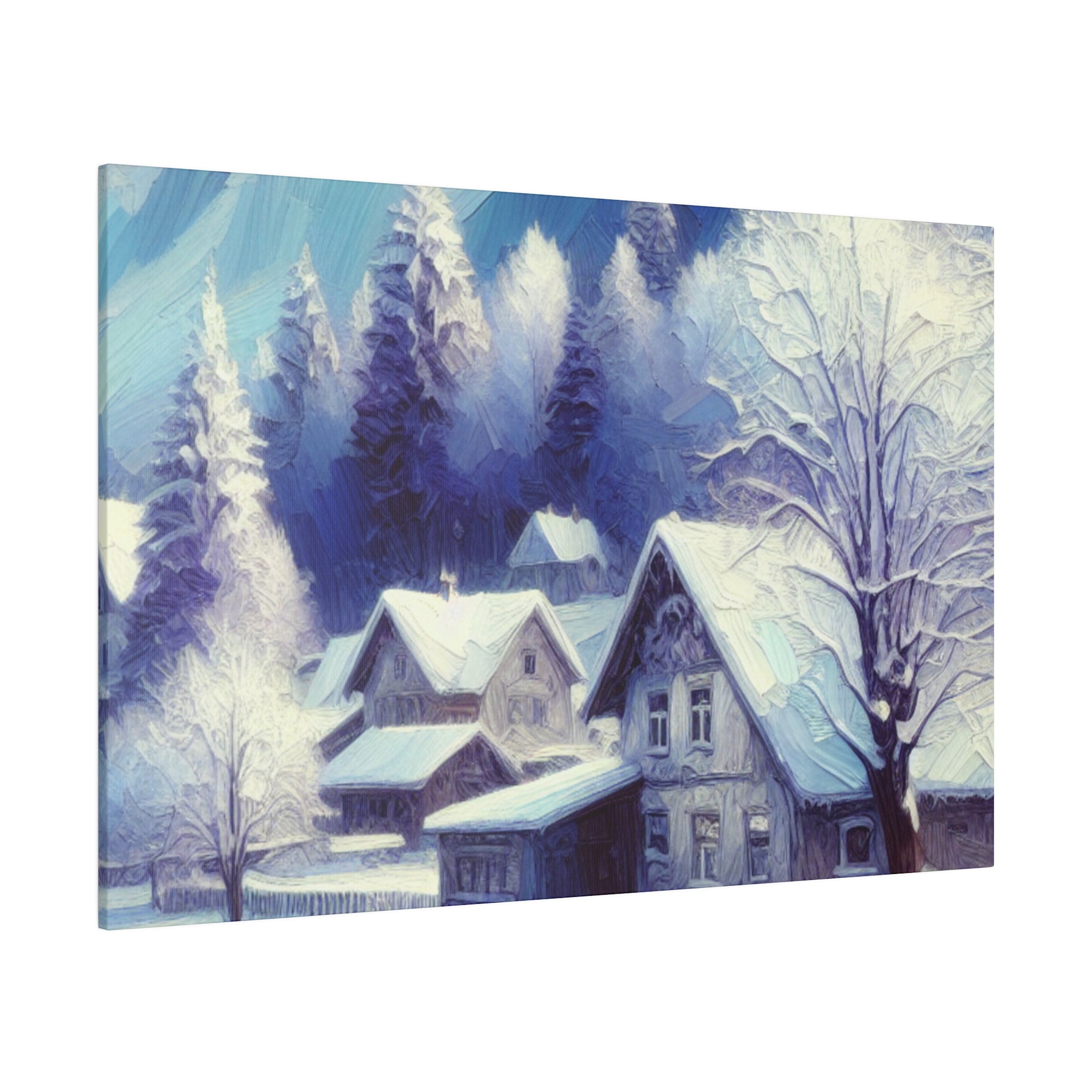 Winter Cabin Purple Blue Expressionist Winter Painting Canvas