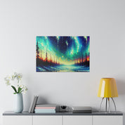 Northern Lights Painting | Northern Forest Sky Scene | Winter Artwork Canvas