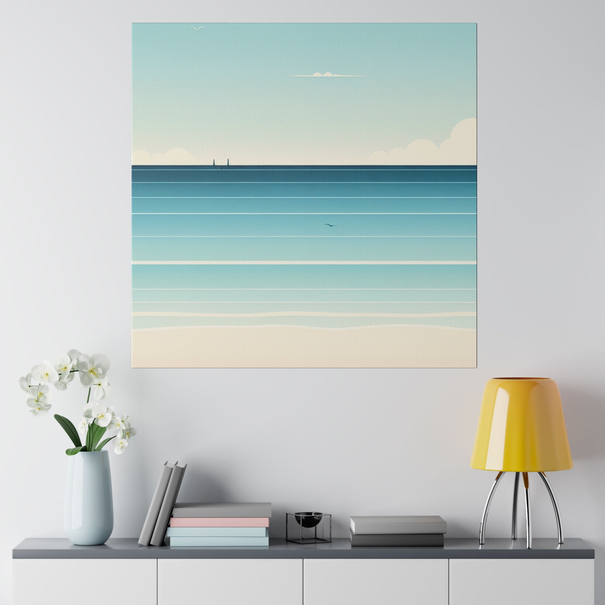 Blue Minimalist Coastal Landscape Beach Painting Canvas