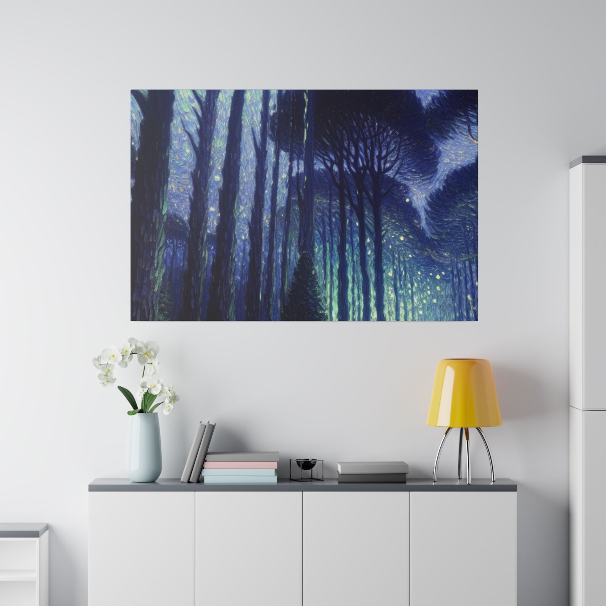 Blue Dark Night Forest Painting Canvas