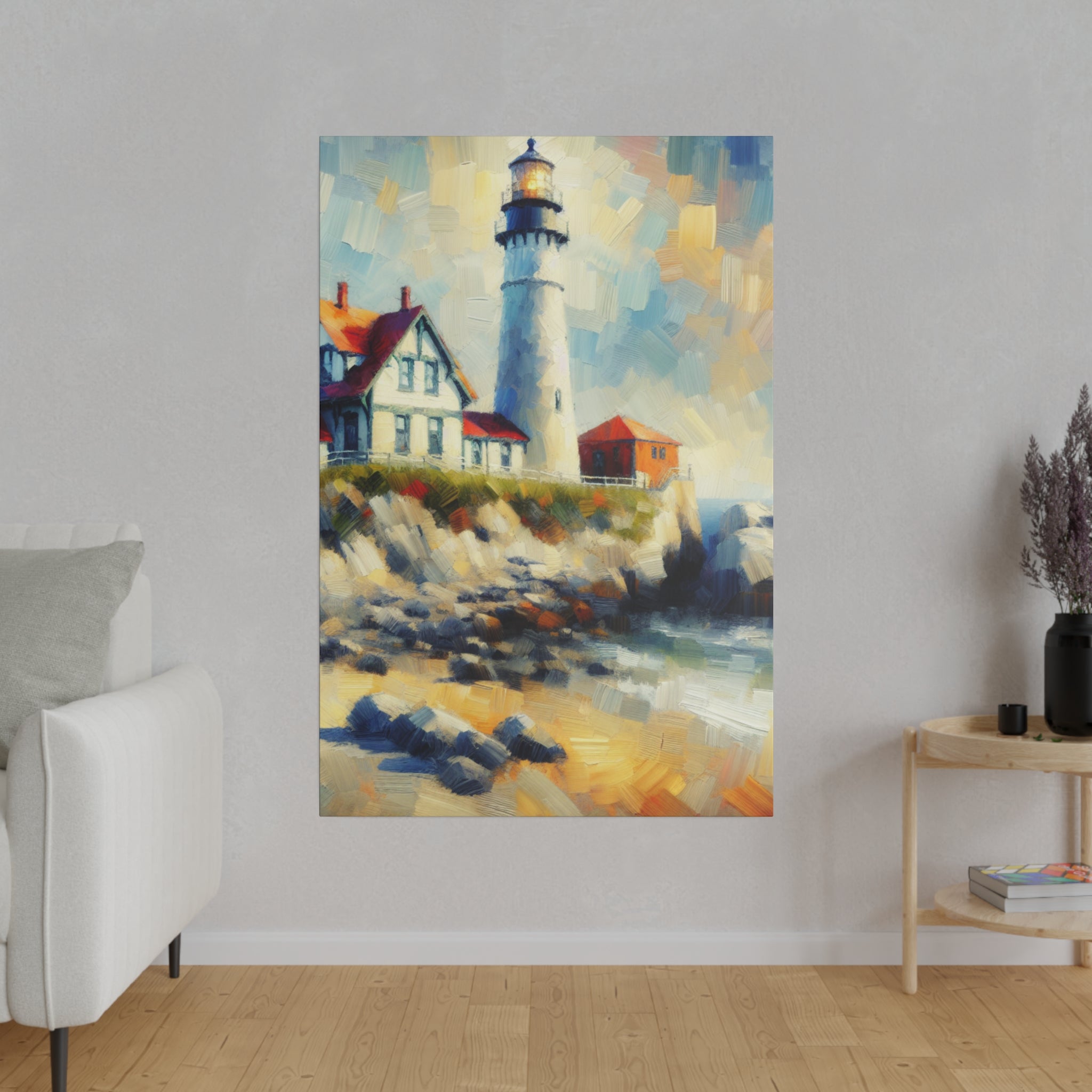 Misty Beacon Coastal Wall Art Lighthouse Painting Canvas