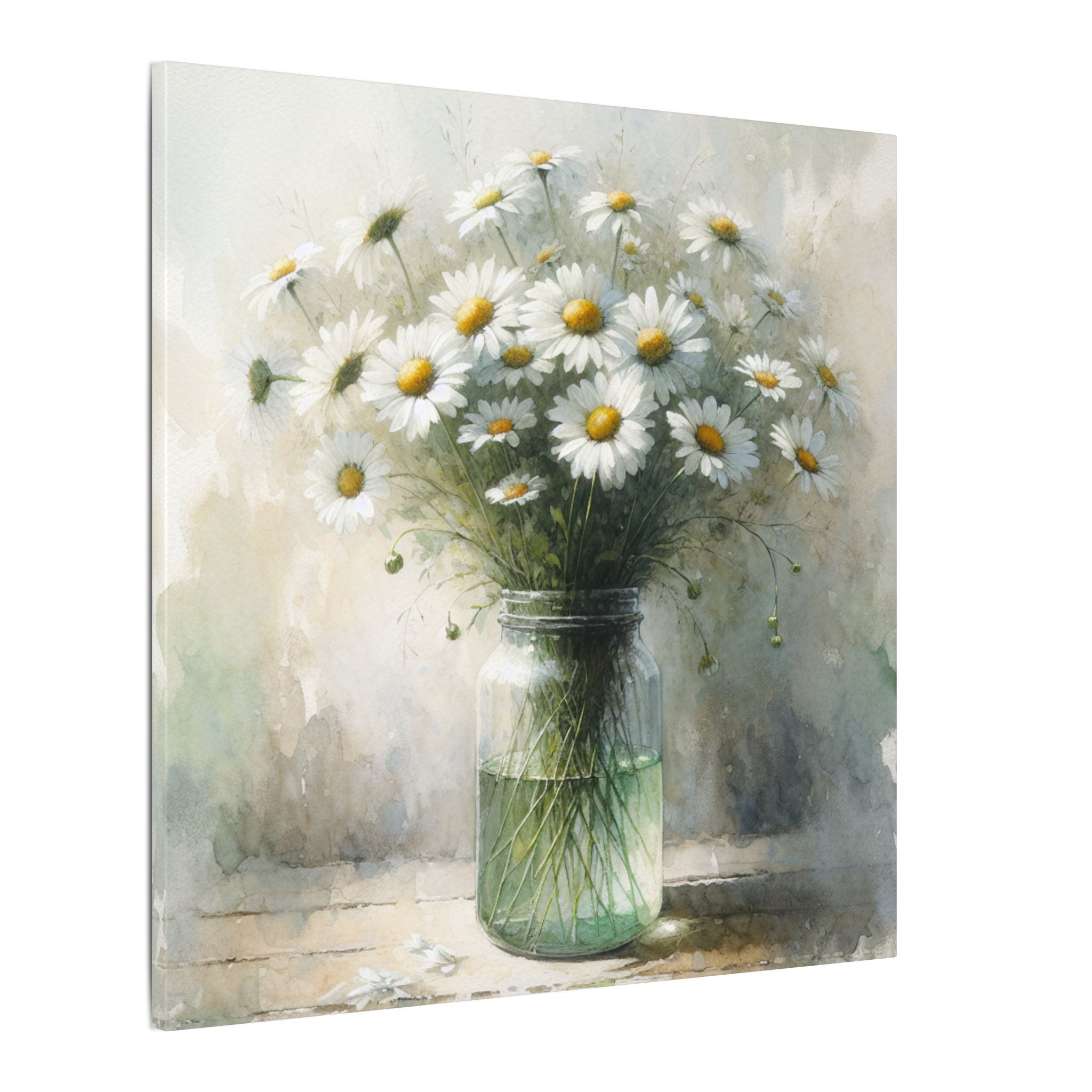 White Daisies in Jar Watercolor Canvas