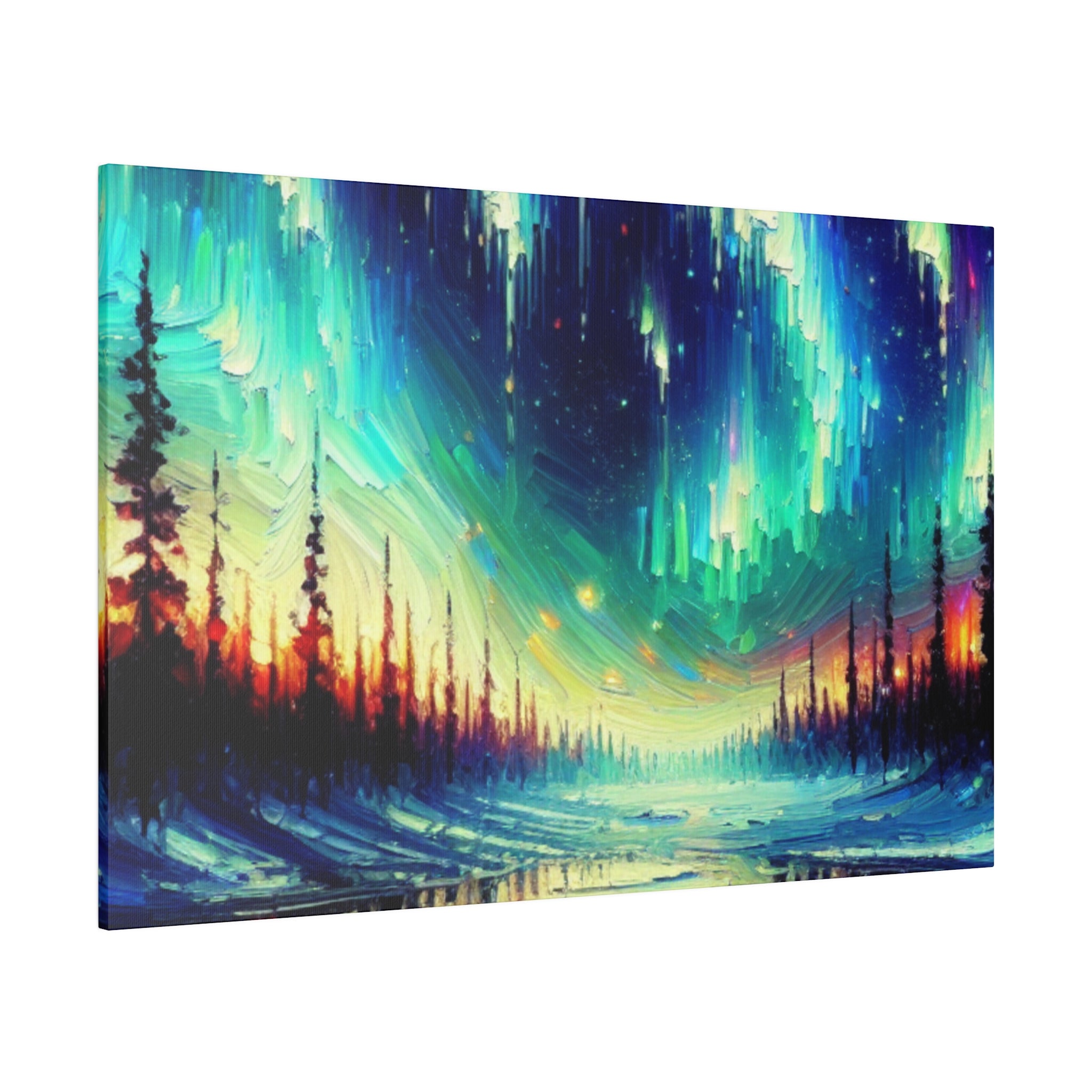 Northern Lights Painting | Northern Forest Sky Scene | Winter Artwork Canvas