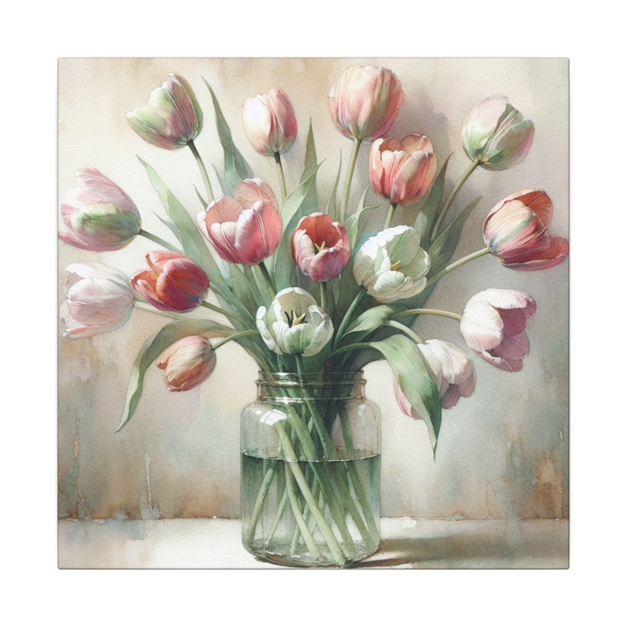 Tulips in Glass Jar Watercolor Canvas