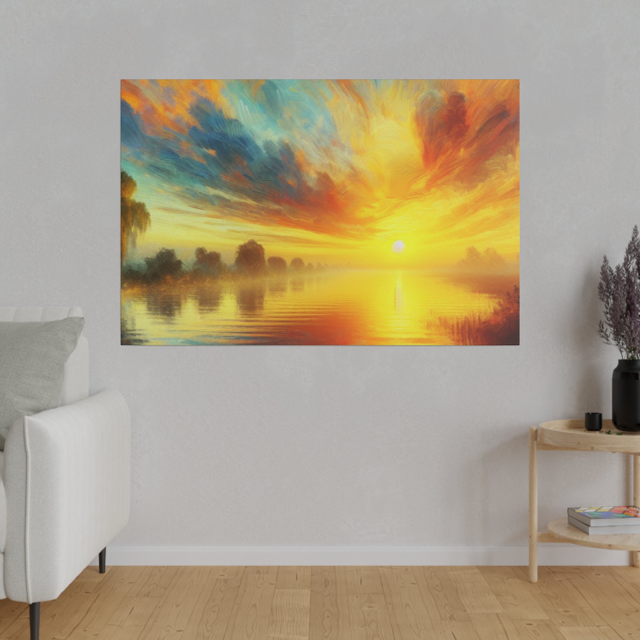 Tranquil Water Nature Sunrise Painting Canvas