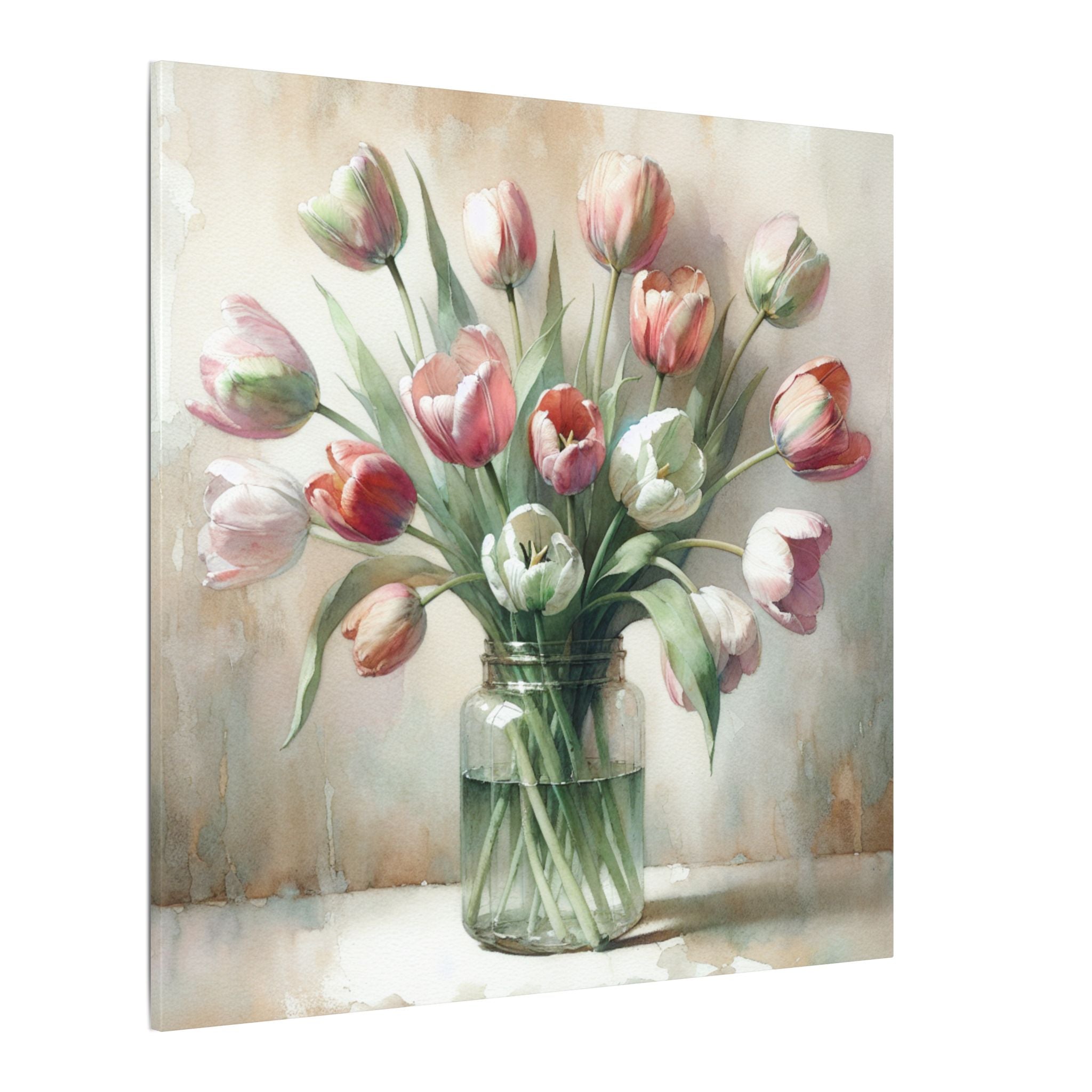 Tulips in Glass Jar Watercolor Canvas