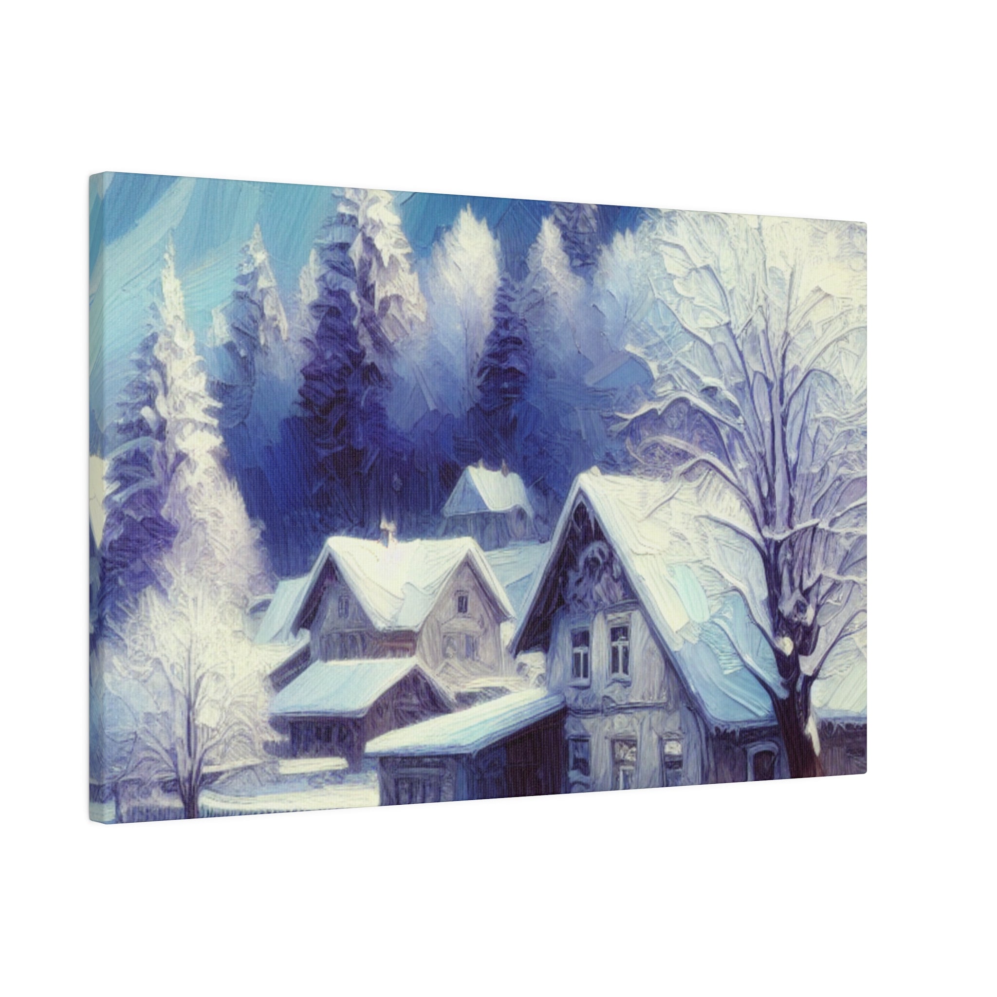 Winter Cabin Purple Blue Expressionist Winter Painting Canvas