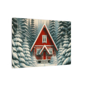 Red Cabin in Winter Forest Canvas