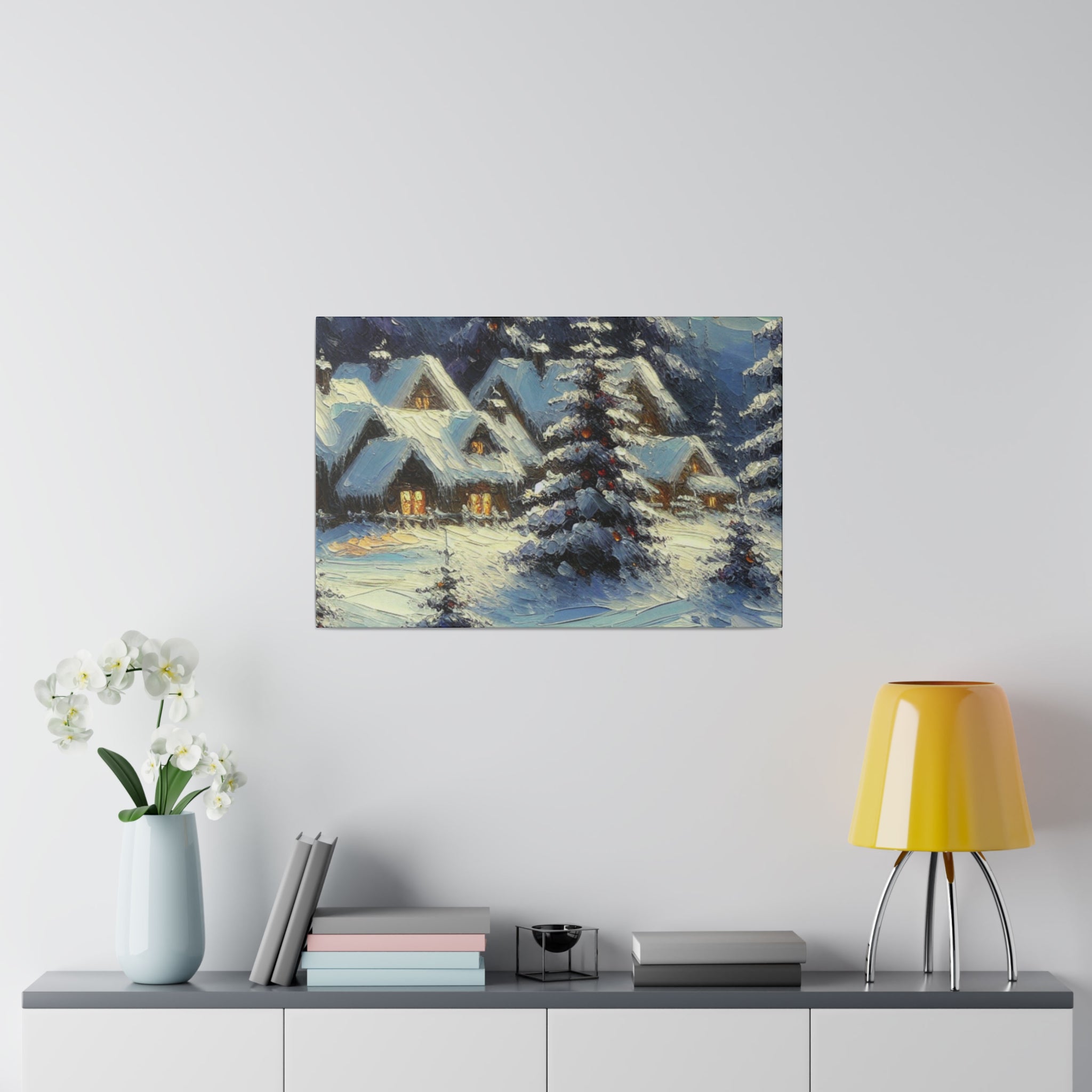 Cozy Cottages Expressionist Snowscape Winter Painting Canvas