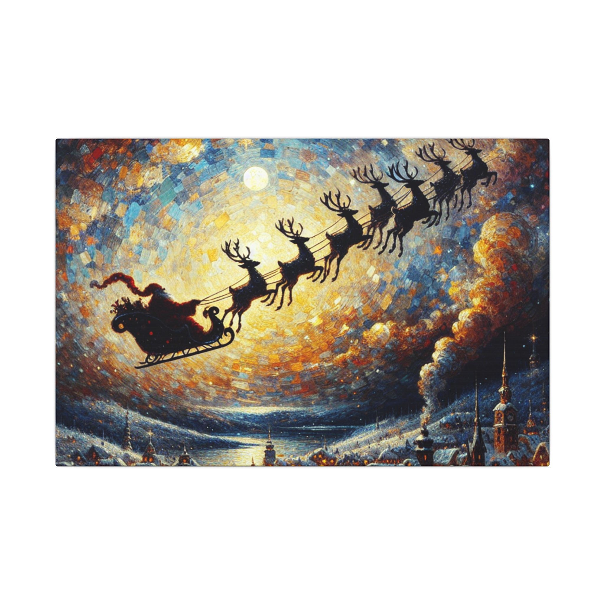 Santa’s Sleigh Over Village Canvas