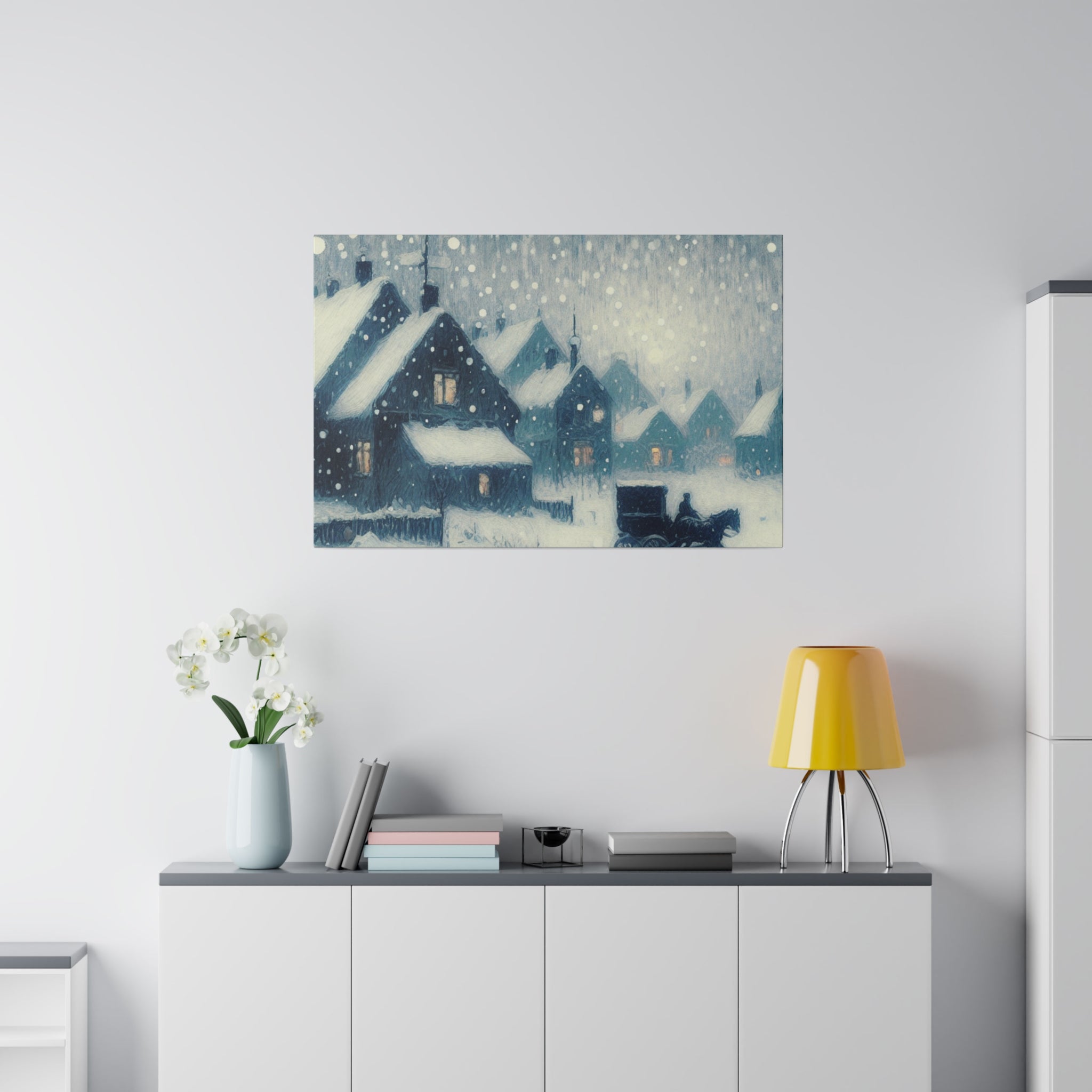 Snowy Village Snowscape Expressionist Artwork Winter Painting Canvas