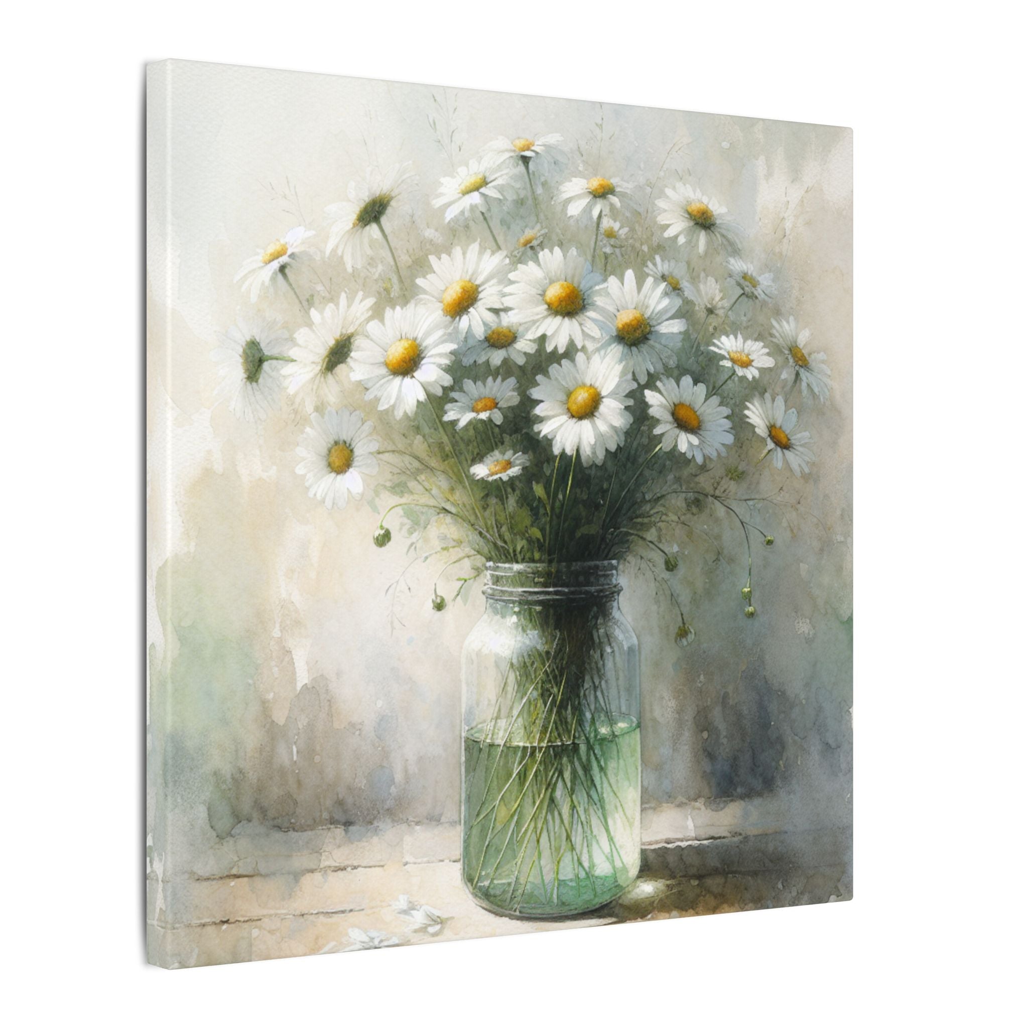White Daisies in Jar Watercolor Canvas