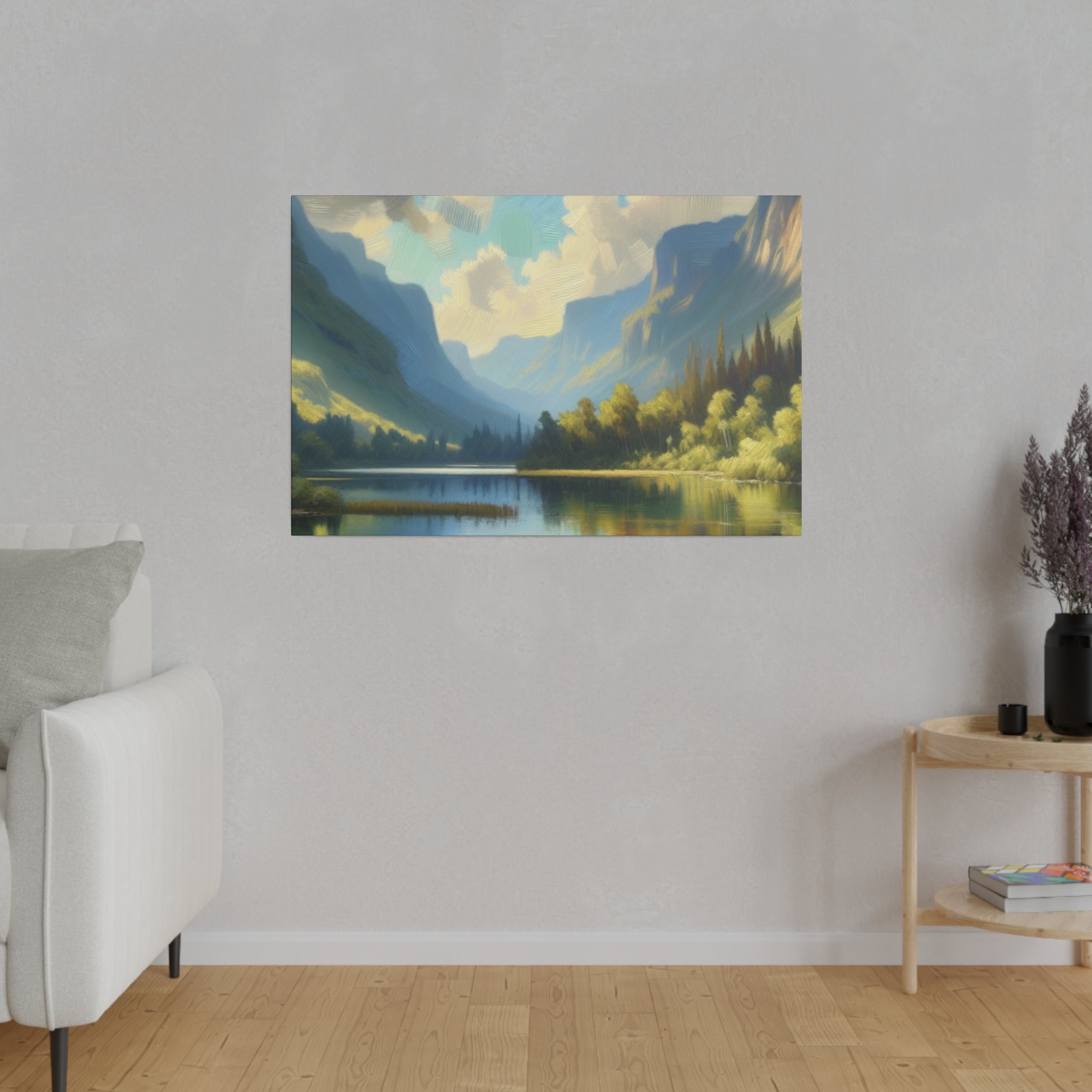 Serene Mountainous Still Water Lake Painting Canvas