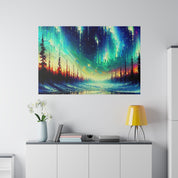 Northern Lights Painting | Northern Forest Sky Scene | Winter Artwork Canvas