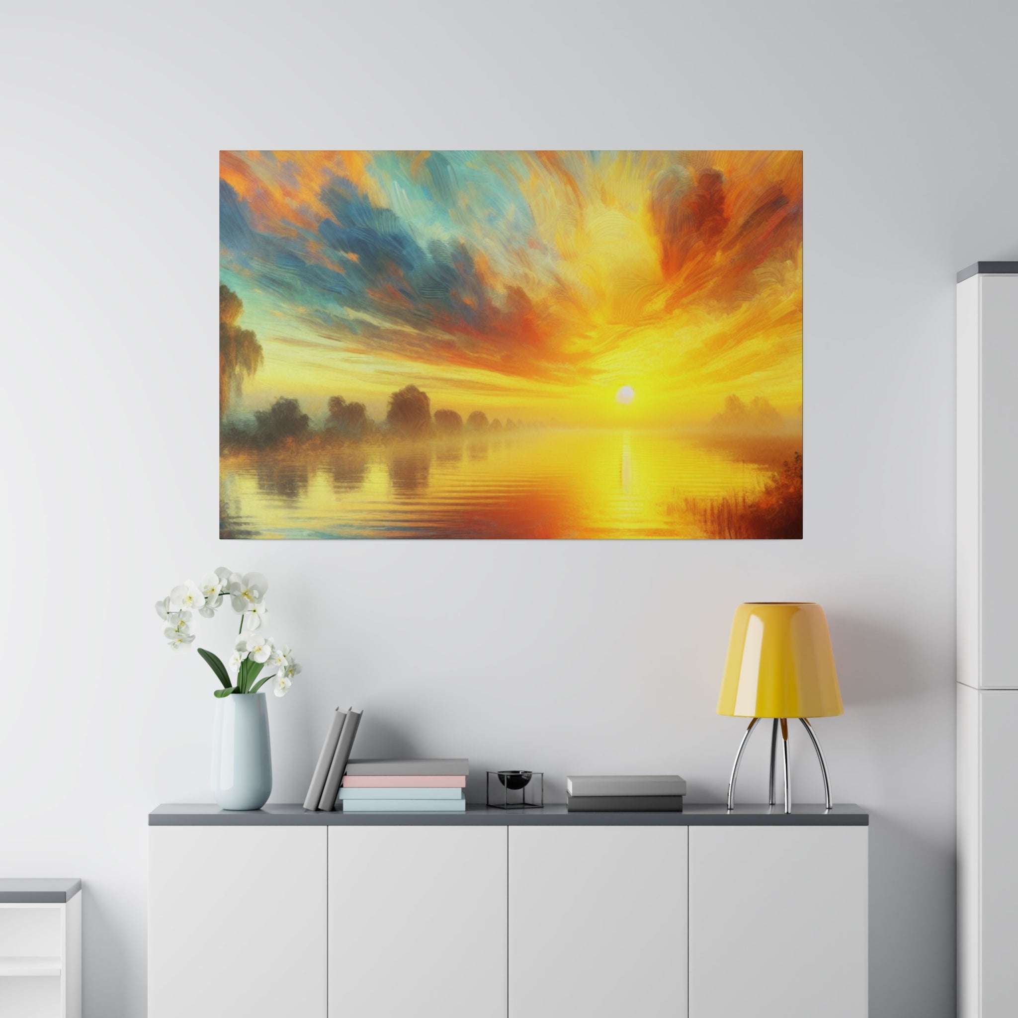 Tranquil Water Nature Sunrise Painting Canvas