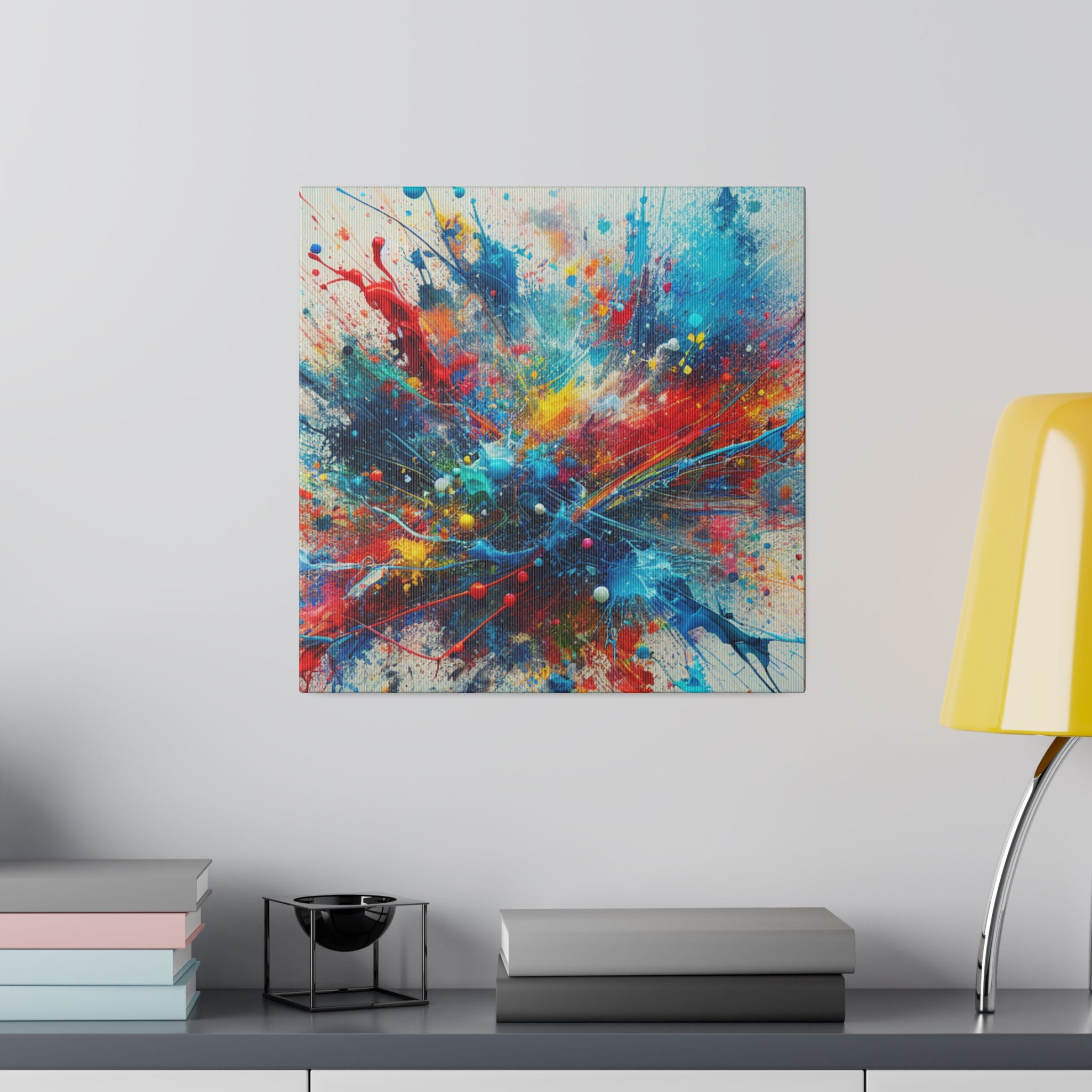 Bold Blue and Vibrant Red Splatter Explosion Abstract Wall Art Canvas