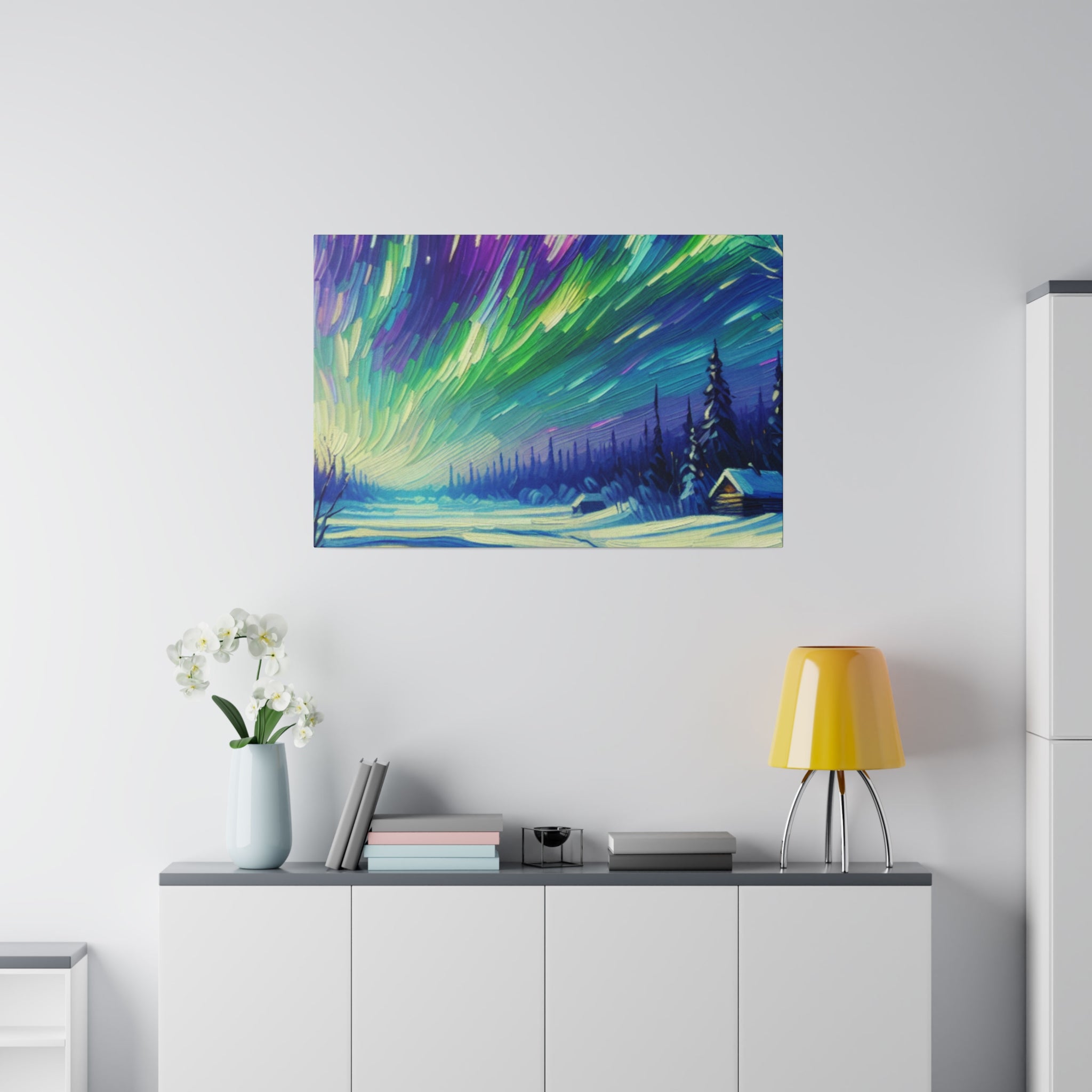 Nocturnal Hues Northern Lights Skycape Painting Canvas